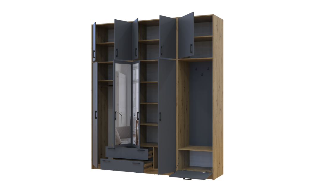 Kleiderschrank Doros Rondi mit Kleiderstange, Spiegel und hohem Oberschrank Artisan Eiche/Graphitgrau 4 Türen 220x52x260 (42005303)