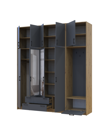 Kleiderschrank Doros Rondi mit Kleiderstange, Spiegel und hohem Oberschrank Artisan Eiche/Graphitgrau 4 Türen 220x52x260 (42005303)