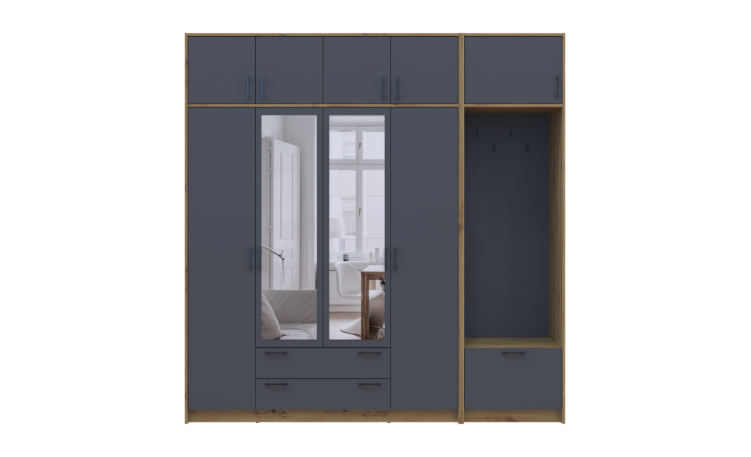 Drehtürenschrank Doros Rondi mit Kleiderstange, Spiegel und Oberschrank Artisan Eiche/Graphitgrau 4 Türen 220x52x236 (42005299)