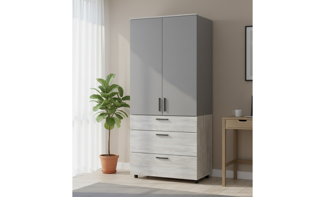 Kleiderschrank Doros Thorn Natti Kiefer/Grau 2 Türen 3 Schubladen Kleiderstange 90x51,6x200 (44900465)