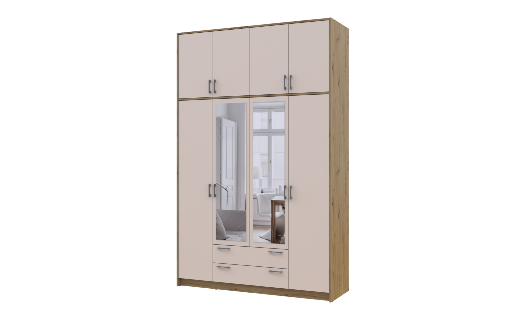 Kleiderschrank Doros Rondi mit Drehtüren mit Oberschrank und Spiegel Artisan Eiche / Kaschmir 4 Türen 160x52x260 (42005197)