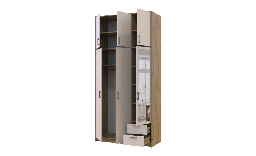 Kleiderschrank Doros Rondi mit Drehtüren mit Oberschrank und Spiegel Artisan Eiche / Kaschmir 3 Türen 121x52x260 (42005196)