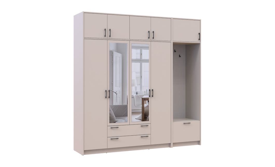 Kleiderschrank Doros Rondi mit Kleiderstange, Spiegel und Oberschrank Kaschmir 4 Türen 220x52x236 (42005405)