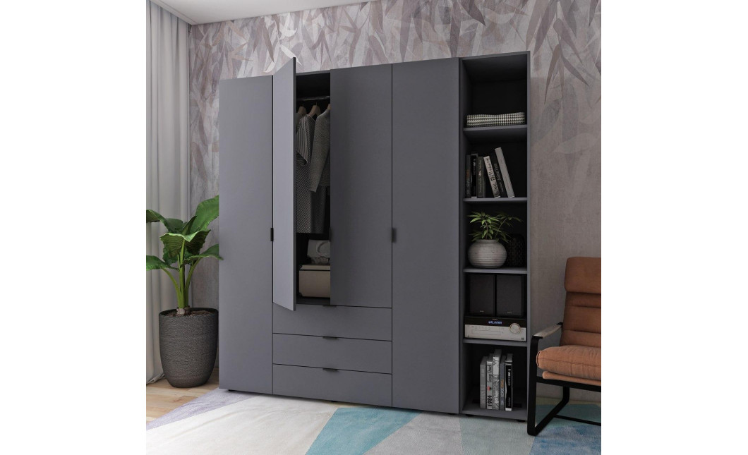 Kleiderschrank Doros Gelar Graphitgrau 4 Türen mit offenem Regal 193,2x49,5x203,4 (42005063)