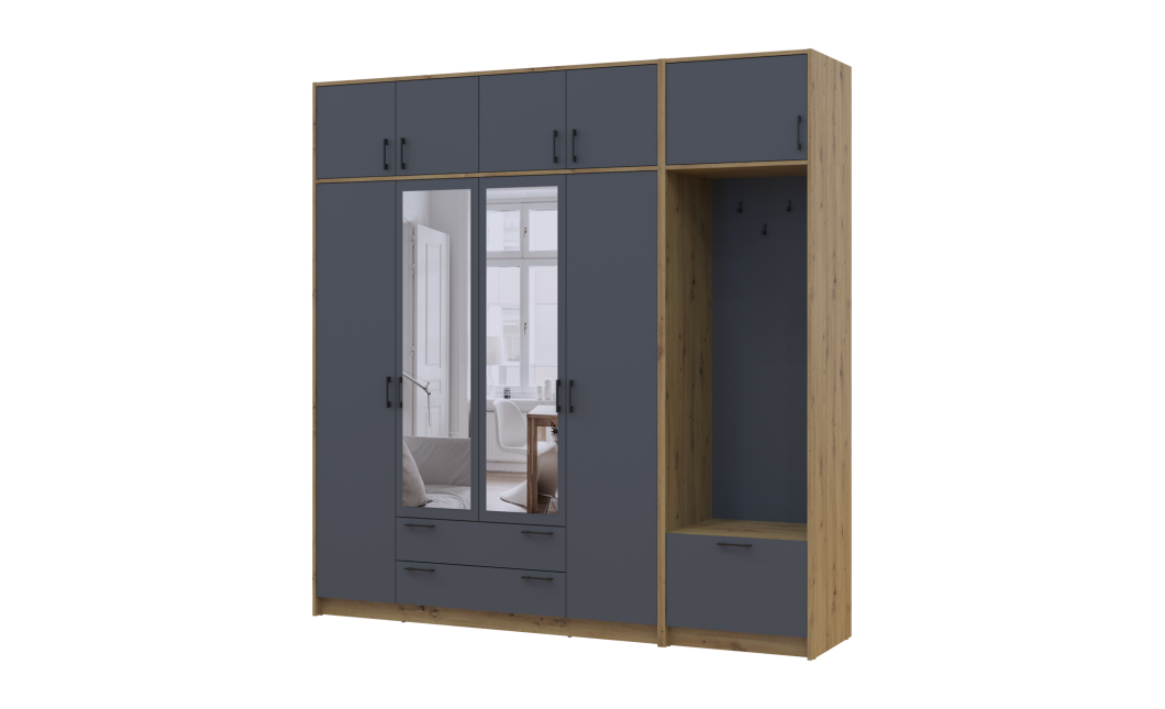 Drehtürenschrank Doros Rondi mit Kleiderstange, Spiegel und Oberschrank Artisan Eiche/Graphitgrau 4 Türen 220x52x236 (42005299)