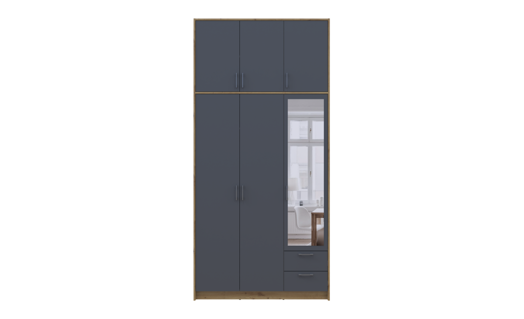 Kleiderschrank Doros Rondi mit Drehtüren mit Oberschrank und Spiegel Artisan Eiche / Graphitgrau 3 Türen 121x52x260 (42005190)