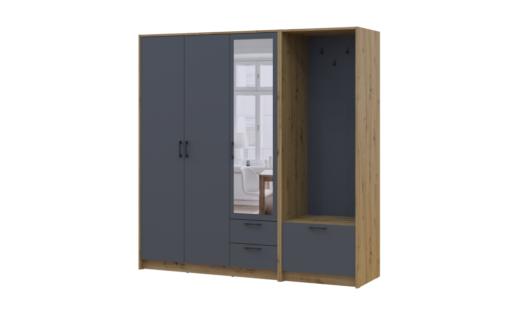Kleiderschrank Doros Rondi mit Kleiderstange und Spiegel Artisan Eiche/Graphitgrau 3 Türen 181x52x195 (42005283)