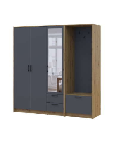 Kleiderschrank Doros Rondi mit Kleiderstange und Spiegel Artisan Eiche/Graphitgrau 3 Türen 181x52x195 (42005283)