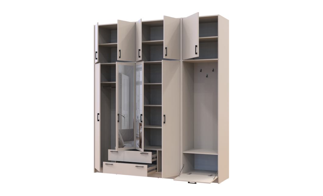 Kleiderschrank Doros Rondi mit Kleiderstange, Spiegel und hohem Oberschrank Kaschmir 4 Türen 220x52x260 (42005408)