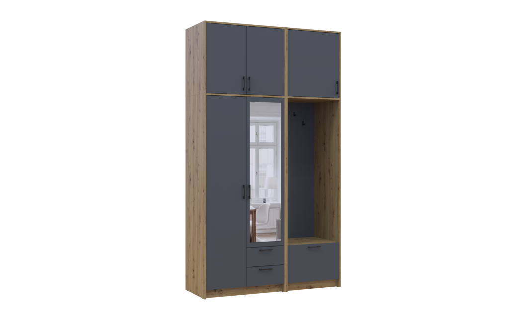 Kleiderschrank Doros Rondi mit Kleiderstange, Spiegel und hohem Oberschrank Artisan Eiche/Graphitgrau 2 Türen 142x52x260 (42005279)