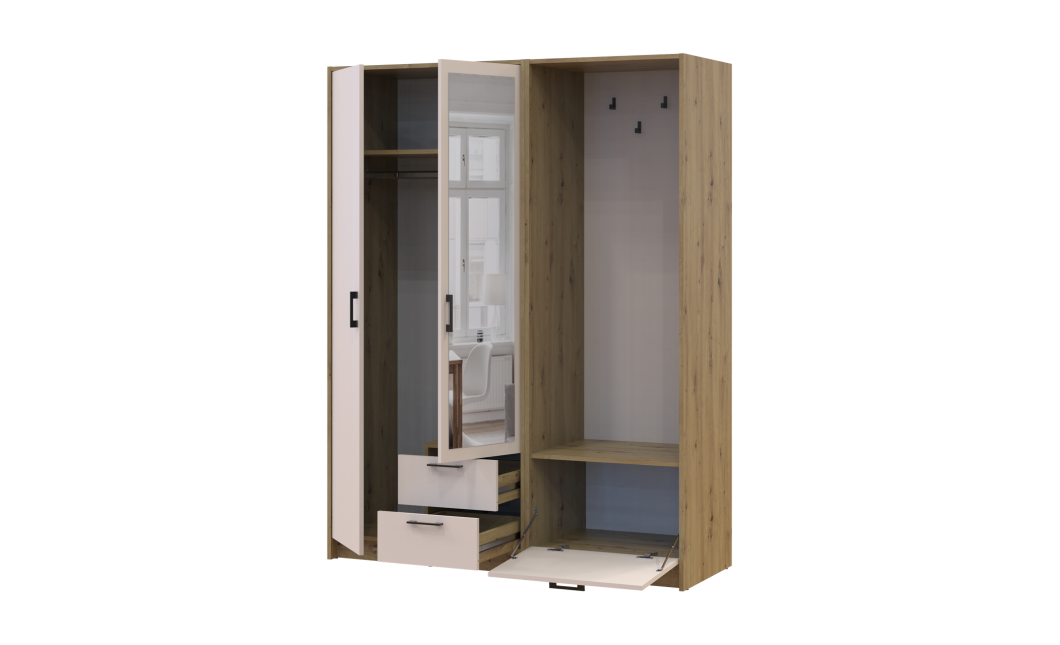 Kleiderschrank Doros Rondi mit Kleiderstange und Spiegel Artisan Eiche/Kaschmir 2 Türen 142x52x195 (42005270)