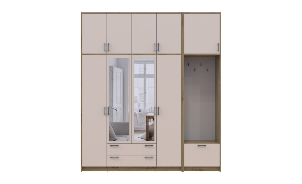 Kleiderschrank Doros Rondi mit Kleiderstange, Spiegel und hohem Oberschrank Artisan Eiche/Kaschmir 4 Türen 220x52x260 (42005302)