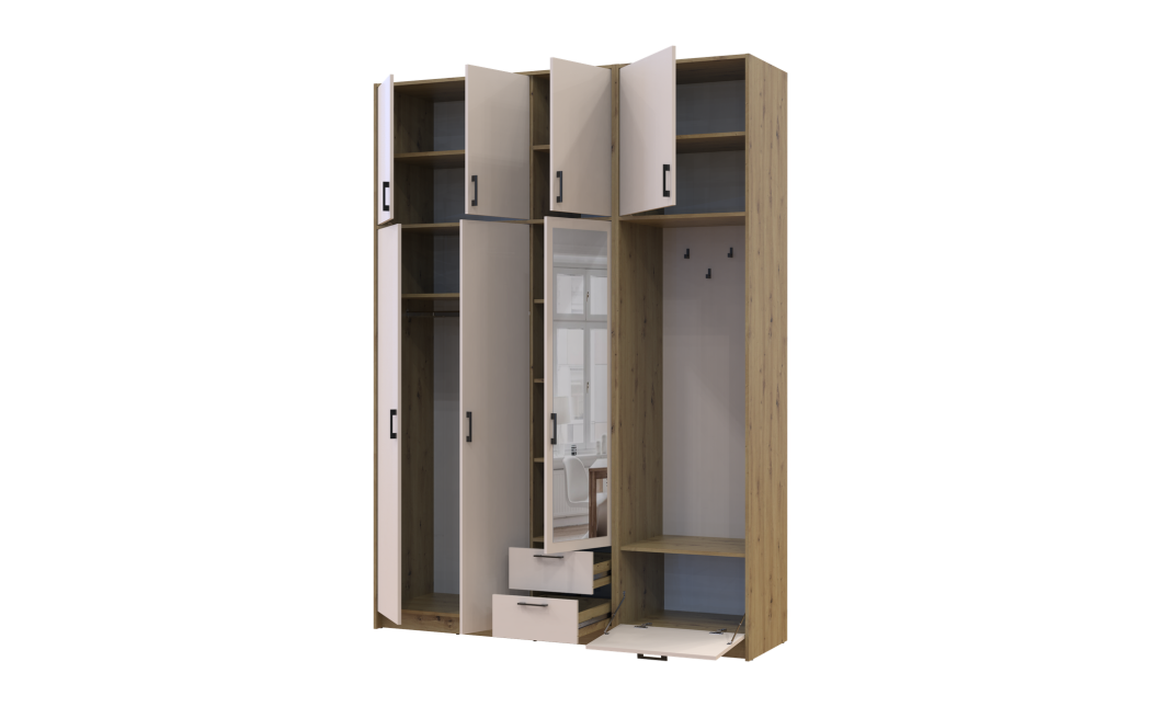 Kleiderschrank Doros Rondi mit Kleiderstange, Spiegel und hohem Oberschrank Artisan Eiche/Kaschmir 3 Türen 181x52x260 (42005290)