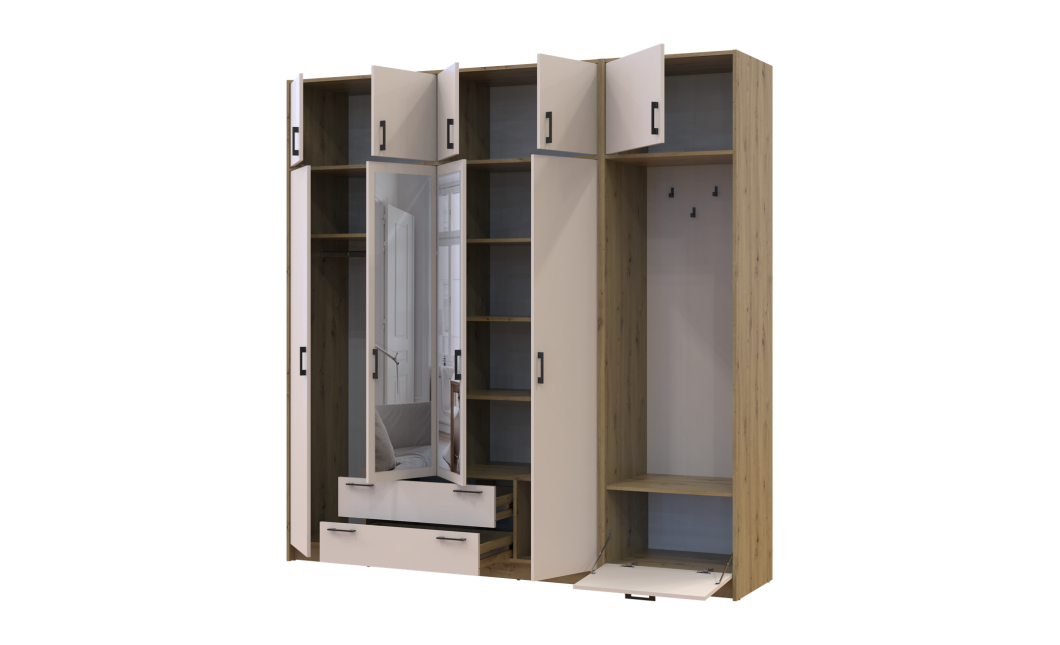 Kleiderschrank Doros Rondi mit Kleiderstange, Spiegel und Oberschrank Artisan Eiche/Kaschmir 4 Türen 220x52x236 (42005298)