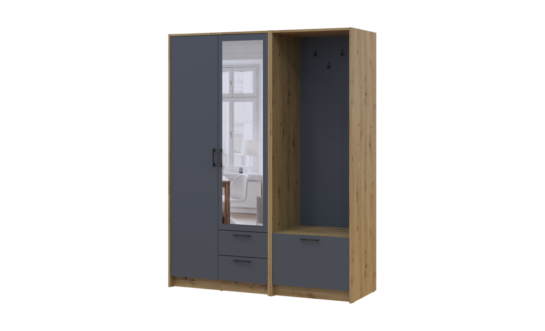 Drehtürenschrank Doros Rondi mit Kleiderstange und Spiegel Artisan Eiche/Graphitgrau 2 Türen 142x52x195 (42005271)