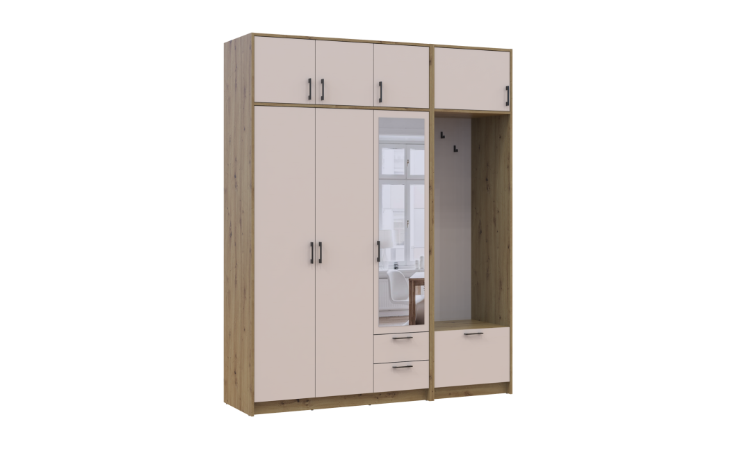 Kleiderschrank Doros Rondi mit Kleiderstange, Spiegel und Oberschrank Artisan Eiche/Kaschmir 3 Türen 181x52x236 (42005286)