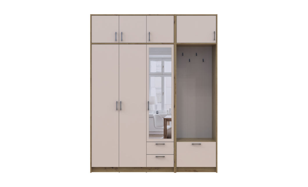 Kleiderschrank Doros Rondi mit Kleiderstange, Spiegel und Oberschrank Artisan Eiche/Kaschmir 3 Türen 181x52x236 (42005286)