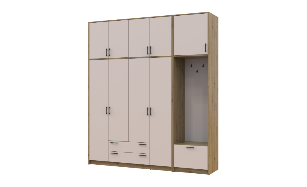 Kleiderschrank Doros Rondi mit Kleiderstange und hohem Oberschrank Artisan Eiche/Kaschmir 4 Türen 220x52x260 (42005300)
