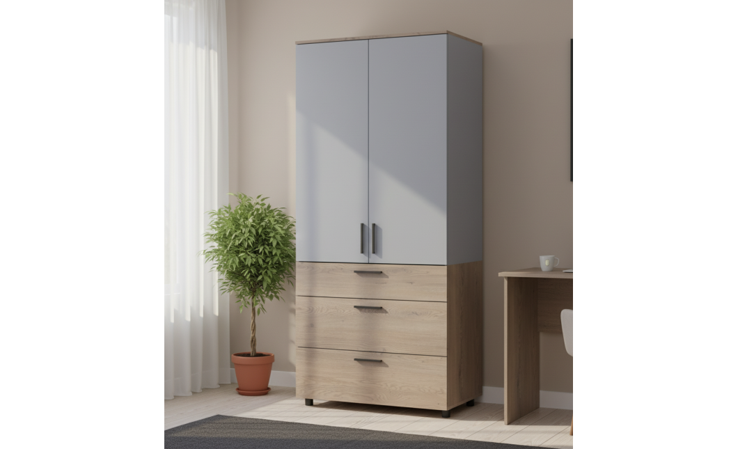 Kleiderschrank Doros Thorn Cremona Cannolo/Grau 2 Türen 3 Schubladen Böden 90x51,6x200 (44900458)
