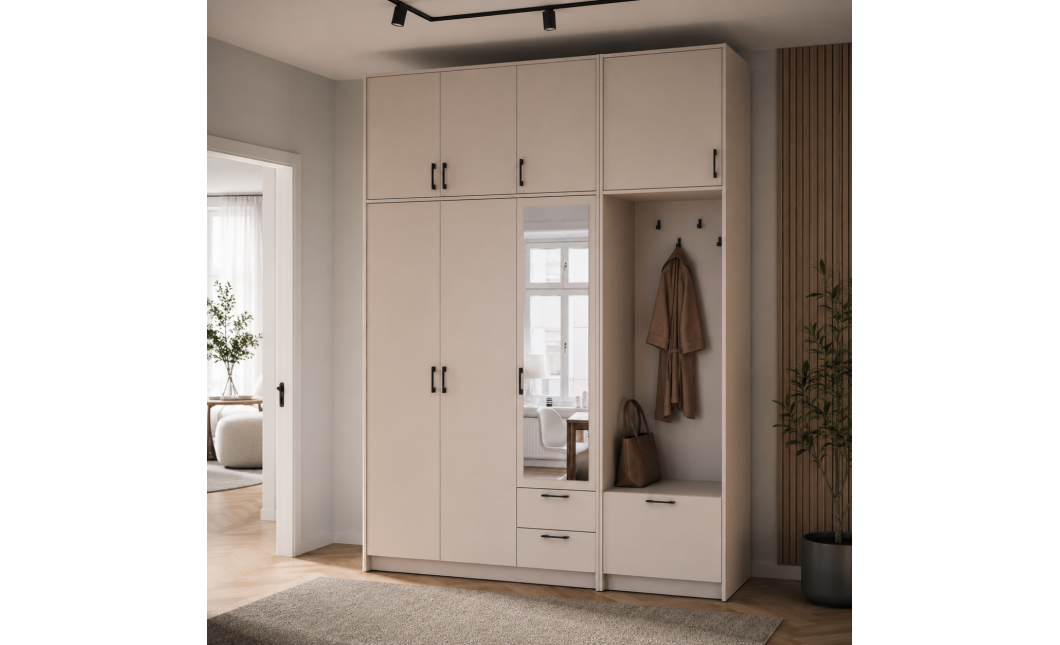 Kleiderschrank Doros Rondi mit Kleiderstange, Spiegel und hohem Oberschrank Kaschmir 3 Türen 181x52x260 (42005407)