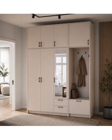Kleiderschrank Doros Rondi mit Kleiderstange, Spiegel und hohem Oberschrank Kaschmir 3 Türen 181x52x260 (42005407)