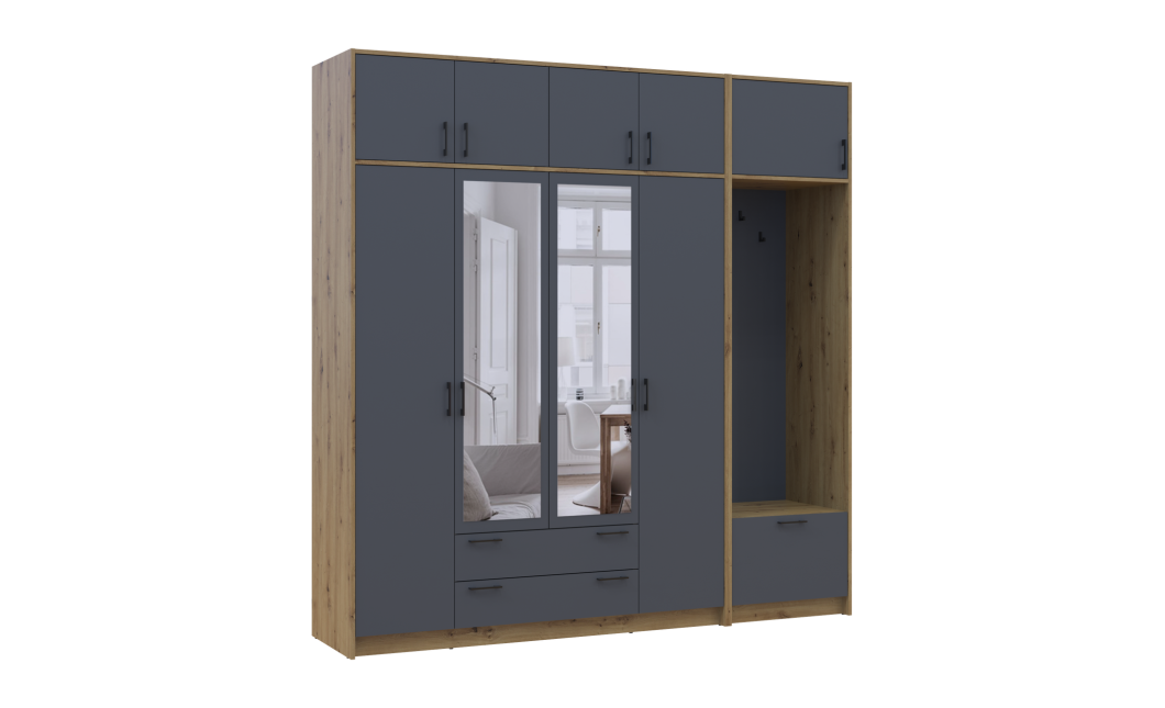 Drehtürenschrank Doros Rondi mit Kleiderstange, Spiegel und Oberschrank Artisan Eiche/Graphitgrau 4 Türen 220x52x236 (42005299)