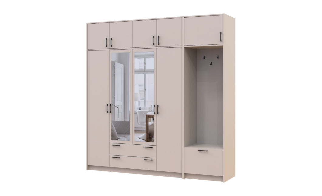 Kleiderschrank Doros Rondi mit Kleiderstange, Spiegel und Oberschrank Kaschmir 4 Türen 220x52x236 (42005405)