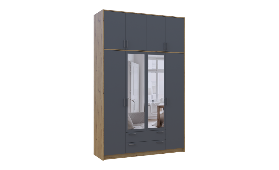 Kleiderschrank Doros Rondi mit Drehtüren mit Oberschrank und Spiegel Artisan Eiche / Graphitgrau 4 Türen 160x52x260 (42005191)