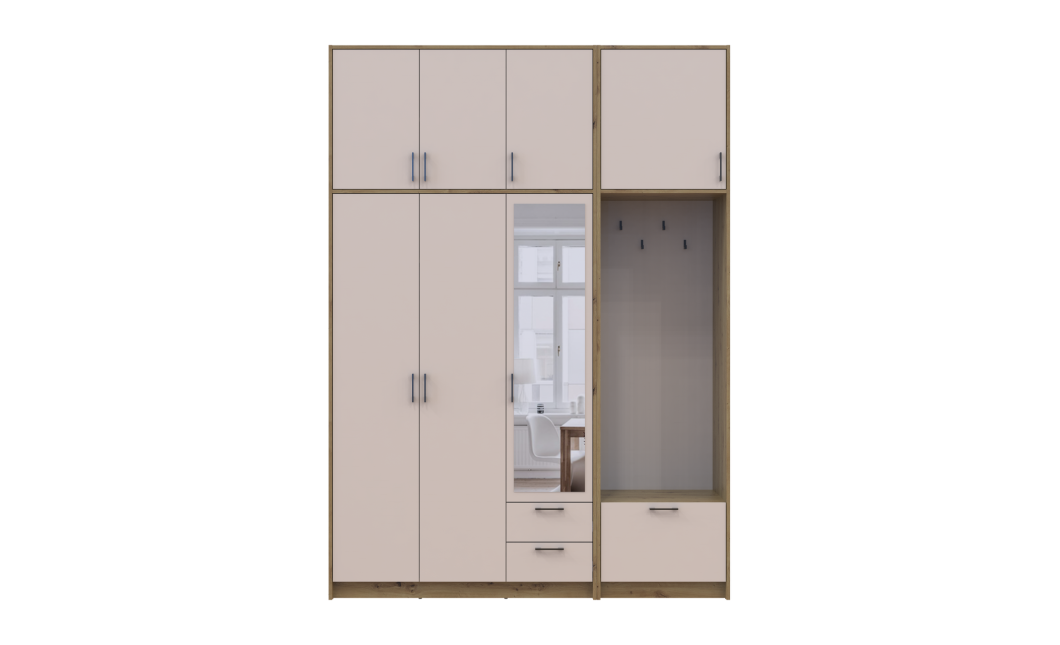 Kleiderschrank Doros Rondi mit Kleiderstange, Spiegel und hohem Oberschrank Artisan Eiche/Kaschmir 3 Türen 181x52x260 (42005290)
