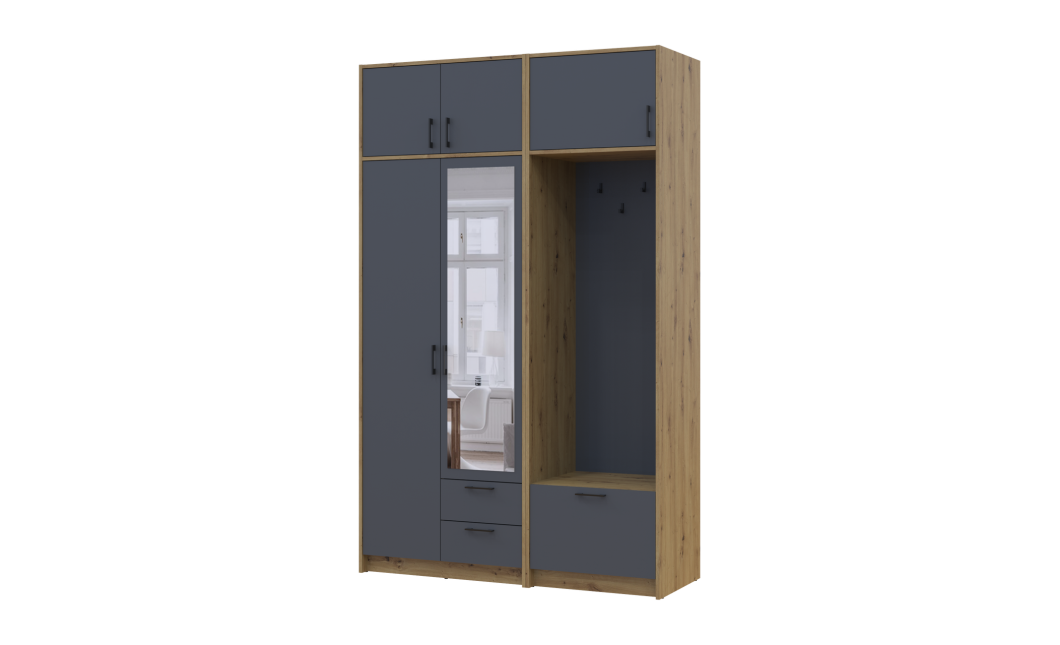 Drehtürenschrank Doros Rondi mit Kleiderstange, Spiegel und Oberschrank Artisan Eiche/Graphitgrau 2 Türen 142x52x236 (42005275)