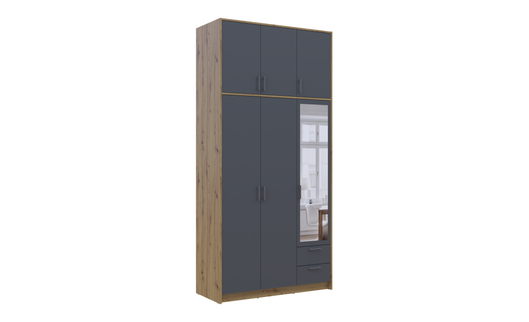 Kleiderschrank Doros Rondi mit Drehtüren mit Oberschrank und Spiegel Artisan Eiche / Graphitgrau 3 Türen 121x52x260 (42005190)