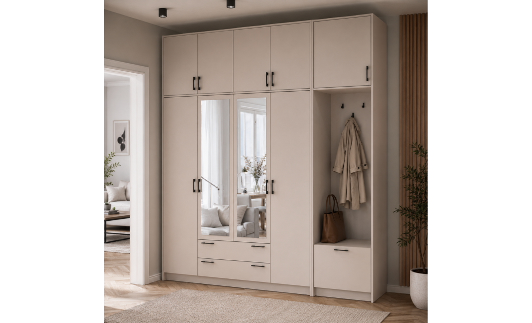 Kleiderschrank Doros Rondi mit Kleiderstange, Spiegel und hohem Oberschrank Kaschmir 4 Türen 220x52x260 (42005408)