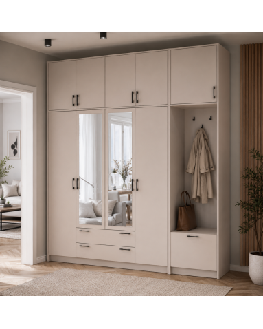 Kleiderschrank Doros Rondi mit Kleiderstange, Spiegel und hohem Oberschrank Kaschmir 4 Türen 220x52x260 (42005408)