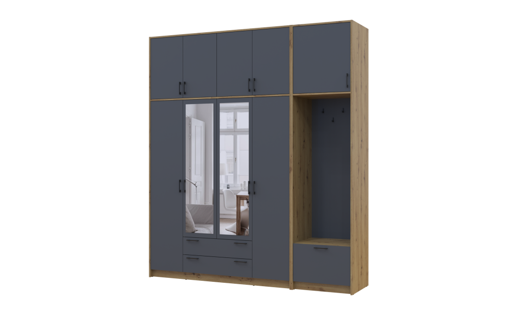 Kleiderschrank Doros Rondi mit Kleiderstange, Spiegel und hohem Oberschrank Artisan Eiche/Graphitgrau 4 Türen 220x52x260 (42005303)