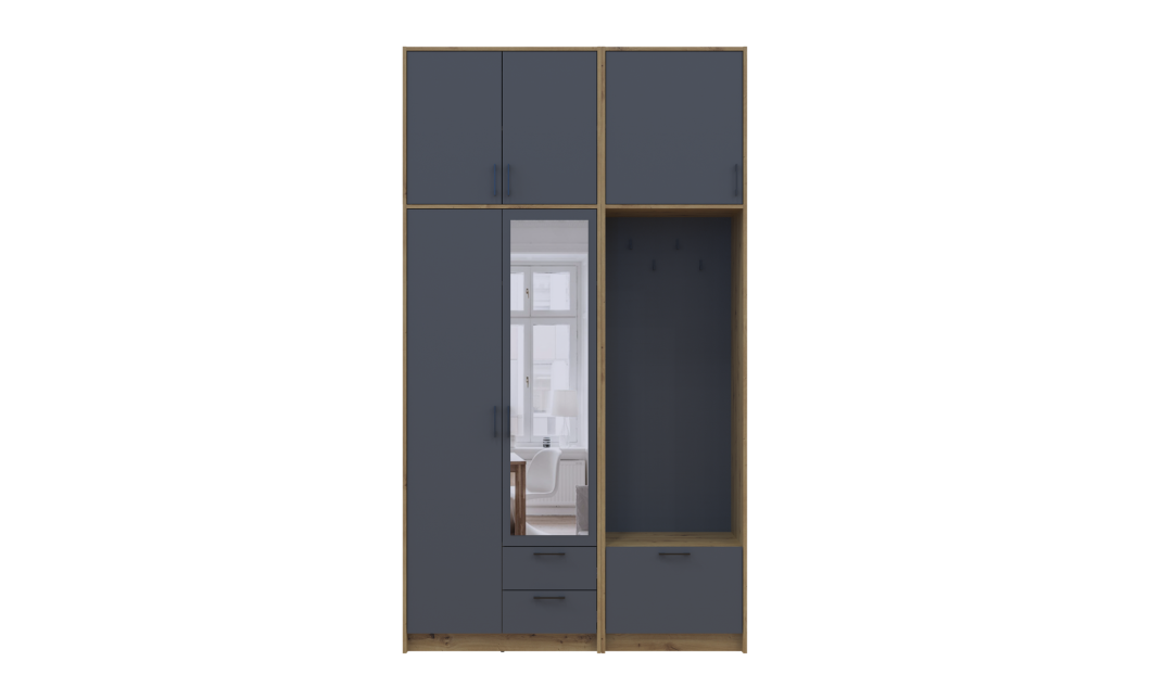 Kleiderschrank Doros Rondi mit Kleiderstange, Spiegel und hohem Oberschrank Artisan Eiche/Graphitgrau 2 Türen 142x52x260 (42005279)