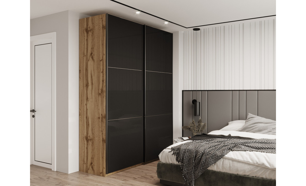 Kleiderschrank Doros G-Caiser Schiebetüren Ewok Eiche / Schwarz Glas 2 Türen 180x60x240 (80737751)