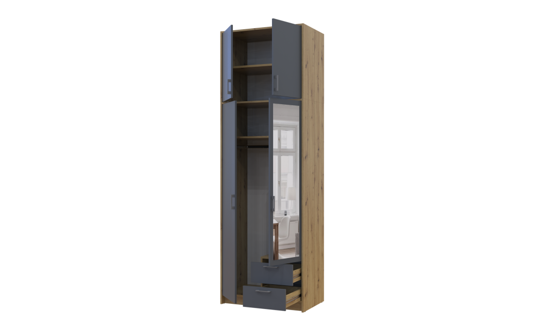Kleiderschrank Doros Rondi mit Drehtüren mit Oberschrank und Spiegel Artisan Eiche / Graphitgrau 2 Türen 82x52x260 (42005189)