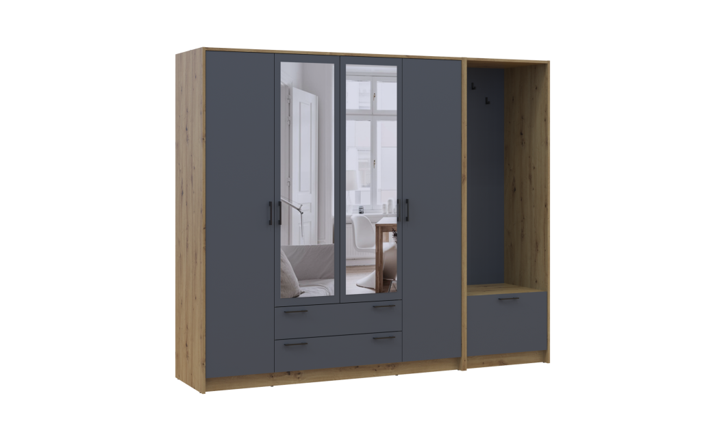 Drehtürenschrank Doros Rondi mit Kleiderstange und Spiegel Artisan Eiche/Graphitgrau 4 Türen 220x52x195 (42005295)