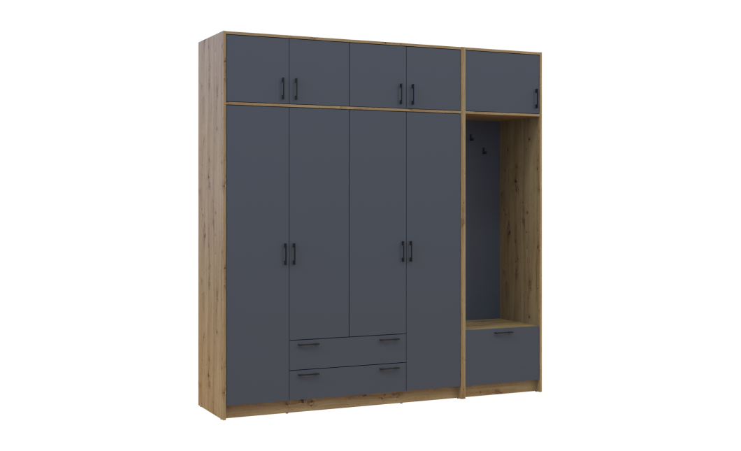Drehtürenschrank Doros Rondi mit Kleiderstange und Oberschrank Artisan Eiche/Graphitgrau 4 Türen 220x52x236 (42005297)