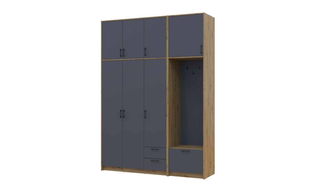 Drehtürenschrank Doros Rondi mit Kleiderstange und hohem Oberschrank Artisan Eiche/Graphitgrau 3 Türen 181x52x260 (42005289)