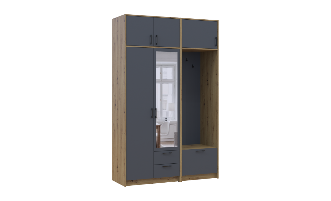 Drehtürenschrank Doros Rondi mit Kleiderstange, Spiegel und Oberschrank Artisan Eiche/Graphitgrau 2 Türen 142x52x236 (42005275)