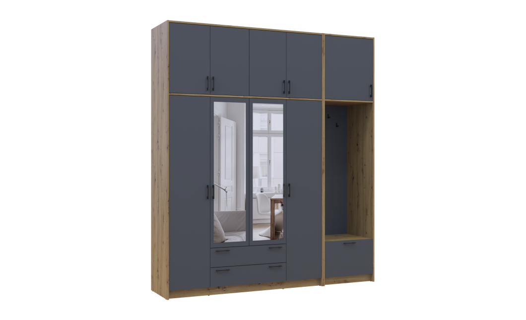 Kleiderschrank Doros Rondi mit Kleiderstange, Spiegel und hohem Oberschrank Artisan Eiche/Graphitgrau 4 Türen 220x52x260 (42005303)
