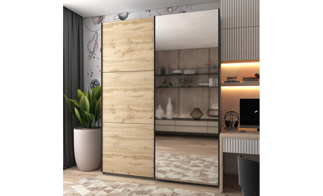 Kleiderschrank Doros G-Caiser Schiebetüren Graphitgrau Ewok Eiche mit Spiegel 180x60x240 (42005013)