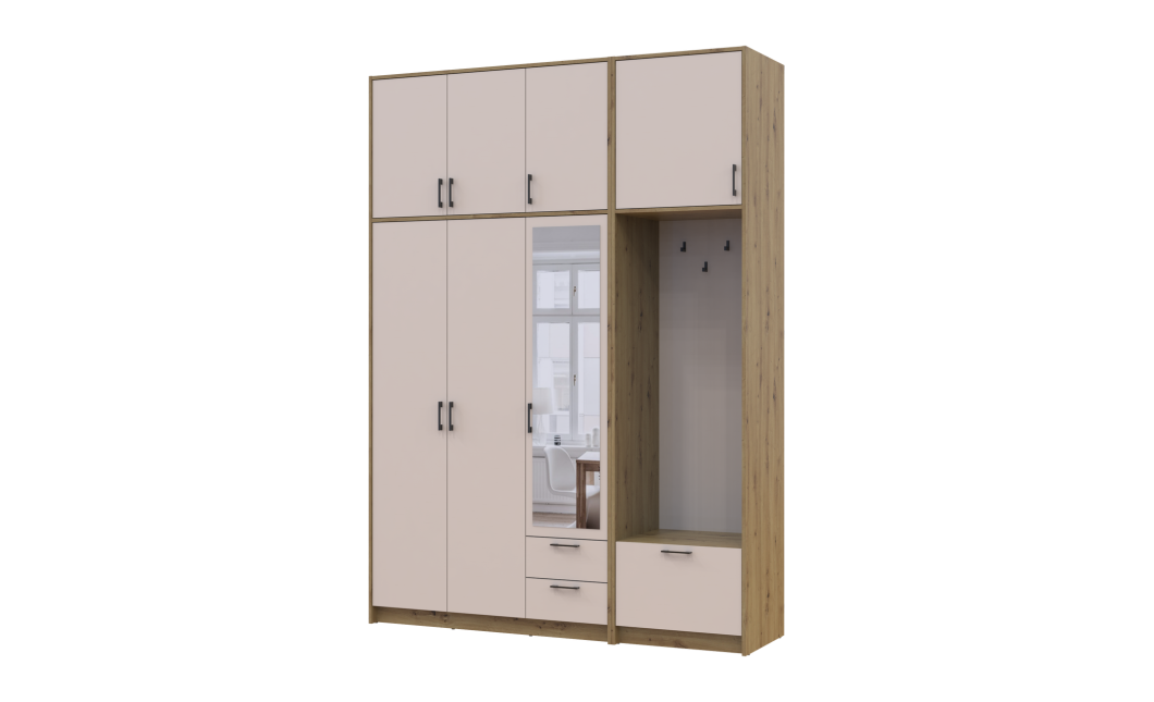 Kleiderschrank Doros Rondi mit Kleiderstange, Spiegel und hohem Oberschrank Artisan Eiche/Kaschmir 3 Türen 181x52x260 (42005290)