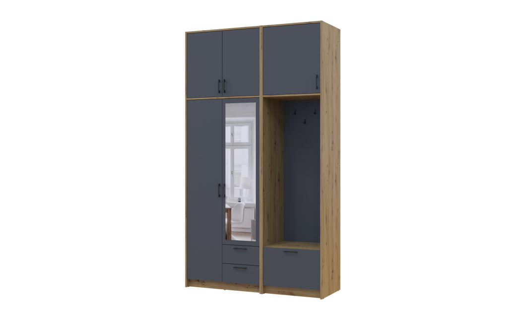 Kleiderschrank Doros Rondi mit Kleiderstange, Spiegel und hohem Oberschrank Artisan Eiche/Graphitgrau 2 Türen 142x52x260 (42005279)