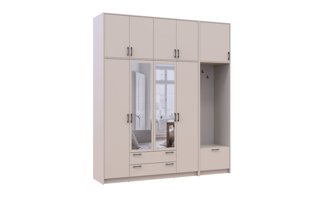 Kleiderschrank Doros Rondi mit Kleiderstange, Spiegel und hohem Oberschrank Kaschmir 4 Türen 220x52x260 (42005408)