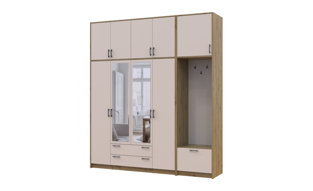 Kleiderschrank Doros Rondi mit Kleiderstange, Spiegel und hohem Oberschrank Artisan Eiche/Kaschmir 4 Türen 220x52x260 (42005302)