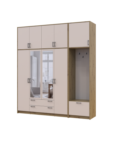 Kleiderschrank Doros Rondi mit Kleiderstange, Spiegel und hohem Oberschrank Artisan Eiche/Kaschmir 4 Türen 220x52x260 (42005302)