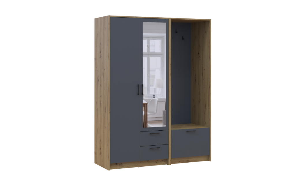 Drehtürenschrank Doros Rondi mit Kleiderstange und Spiegel Artisan Eiche/Graphitgrau 2 Türen 142x52x195 (42005271)