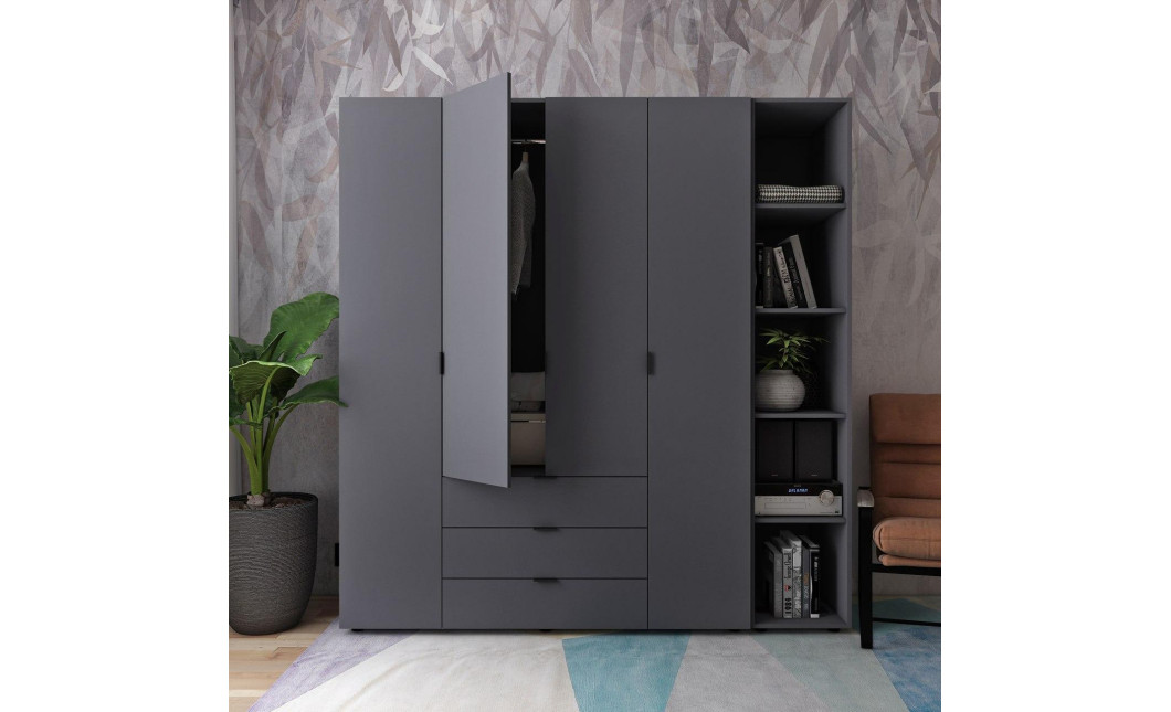 Kleiderschrank Doros Gelar Graphitgrau 4 Türen mit offenem Regal 193,2x49,5x203,4 (42005063)